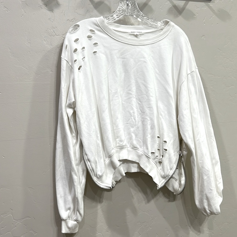 Honey Punch Distressed White Sweatshirt with zippered lower sides  holey detail